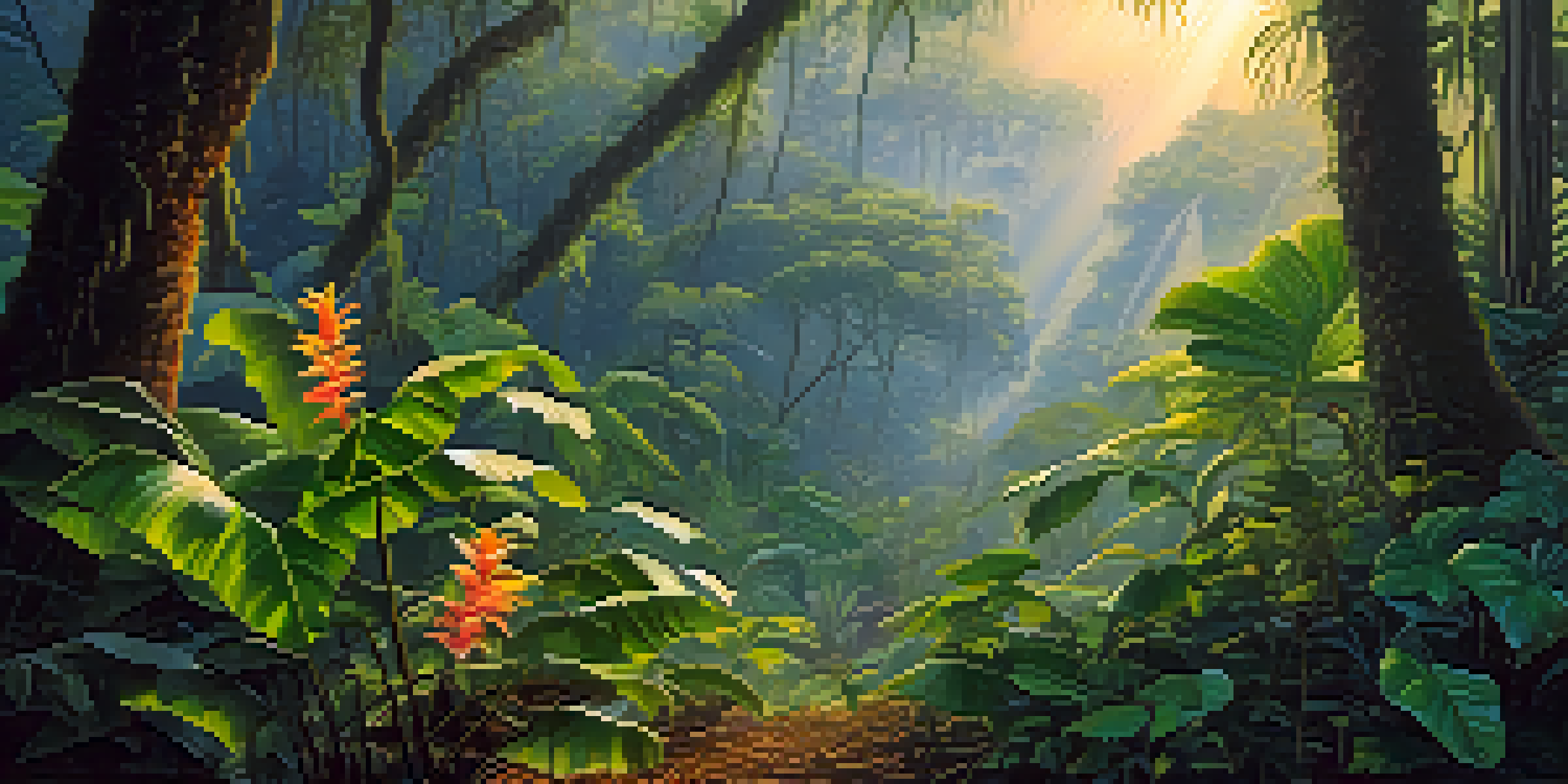 A misty Amazon jungle at dawn featuring the Banisteriopsis caapi vine with vibrant tropical plants and soft light filtering through the trees.