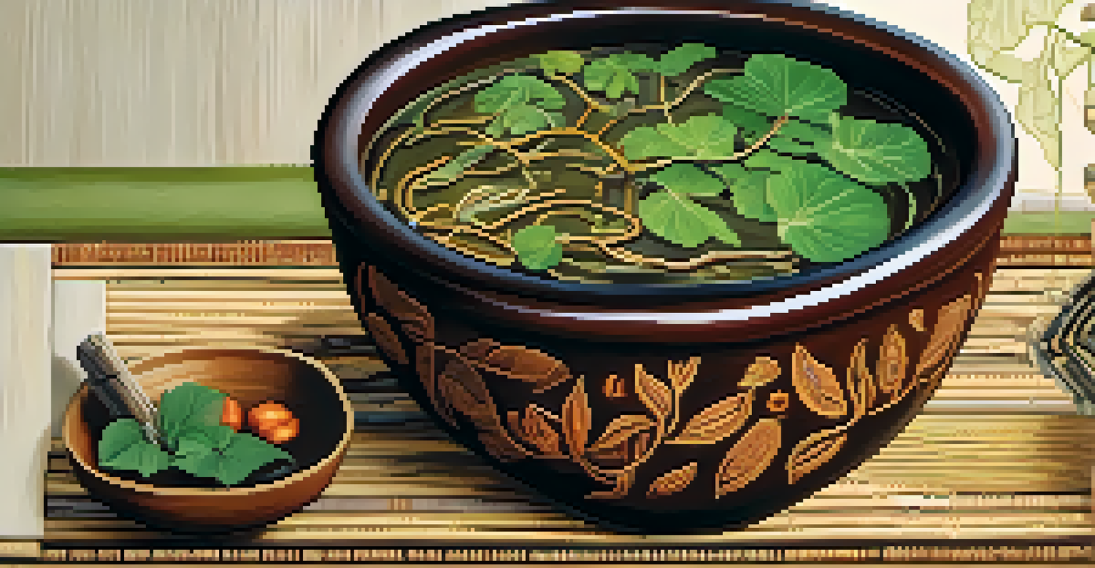A close-up of Ayahuasca brew in a wooden bowl with fresh ingredients around it, showcasing rich colors and textures in soft natural light.