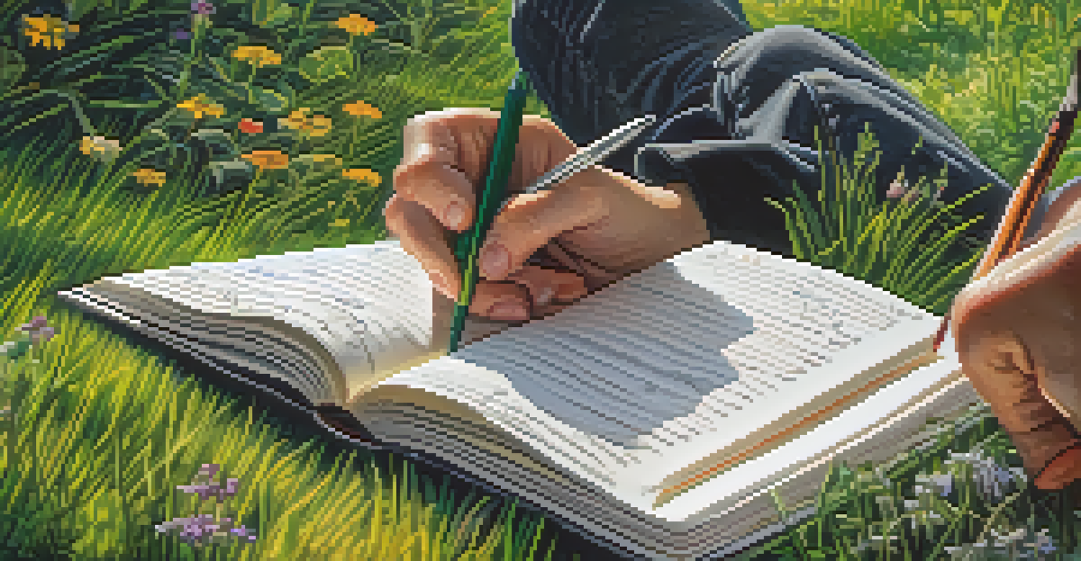 A close-up of a hand writing in a journal surrounded by nature.