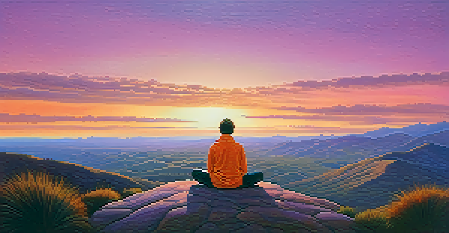 A person meditating on a hilltop at sunset, overlooking a valley with vibrant colors in the sky, representing transformation and connection.