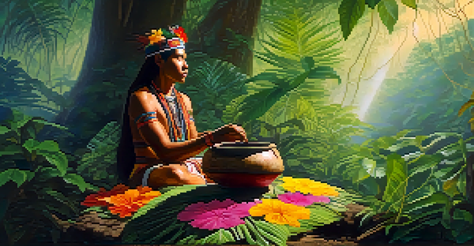 An indigenous healer in colorful attire prepares ayahuasca in a rainforest at dawn, surrounded by lush green trees and mist.
