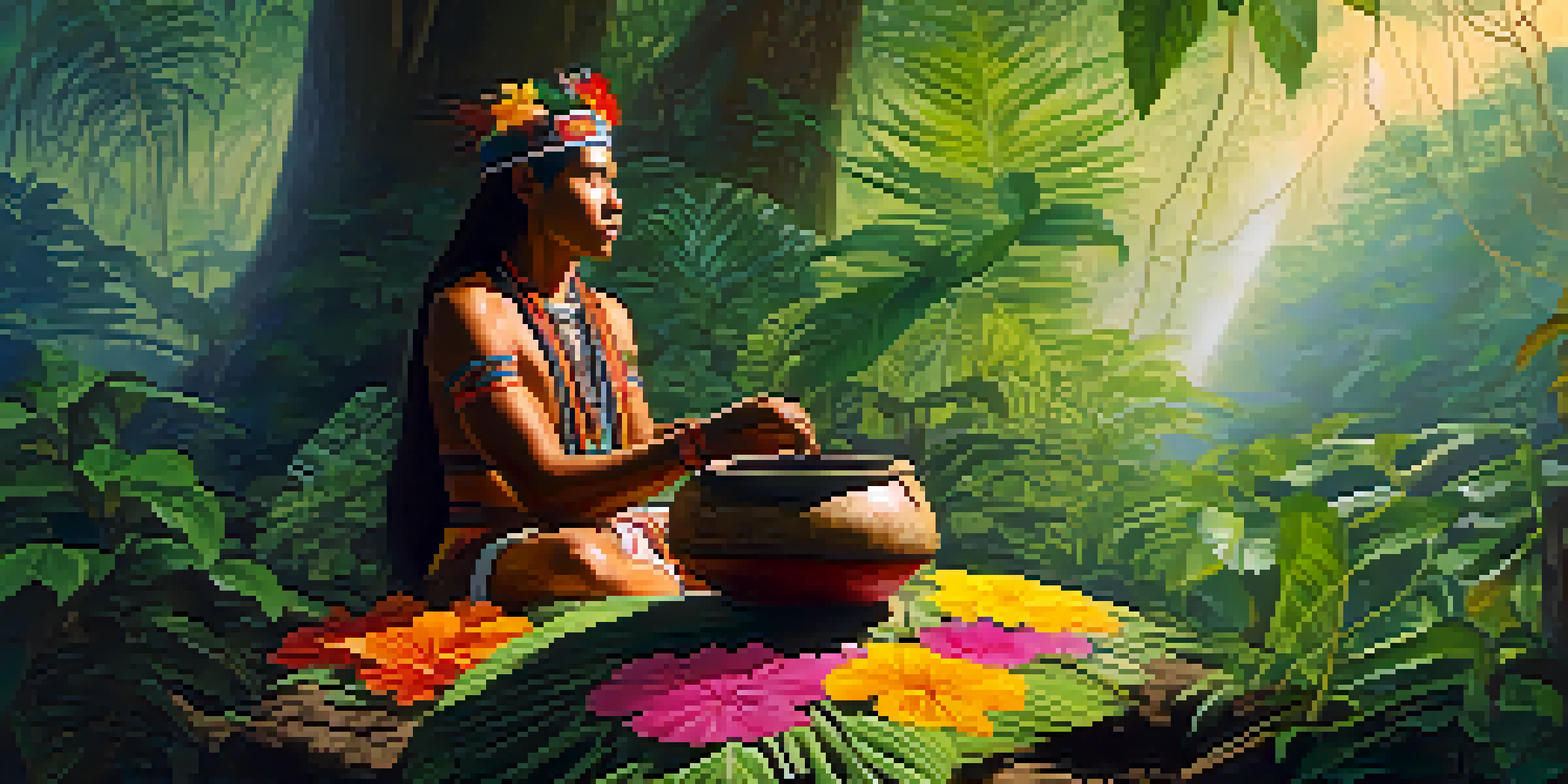An indigenous healer in colorful attire prepares ayahuasca in a rainforest at dawn, surrounded by lush green trees and mist.