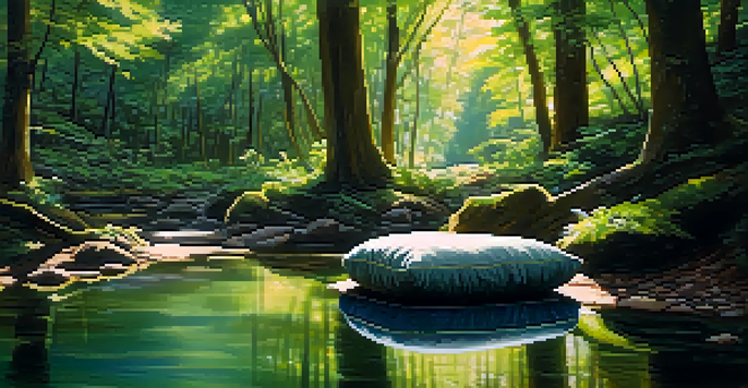 A peaceful meditation space in a forest with sunlight filtering through trees and a meditation cushion.