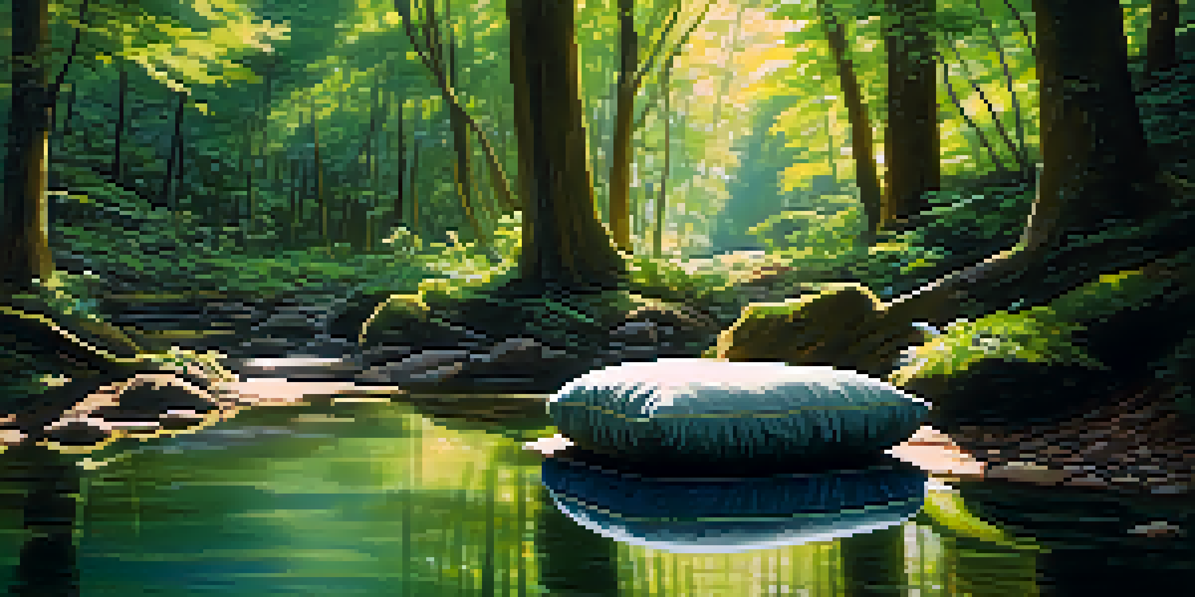 A peaceful meditation space in a forest with sunlight filtering through trees and a meditation cushion.