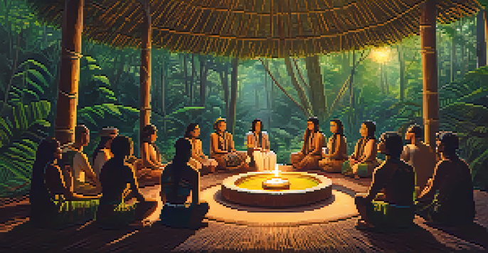 A tranquil ayahuasca ceremony in the Amazon rainforest, with participants seated in a circle under green trees and a shaman guiding the session.