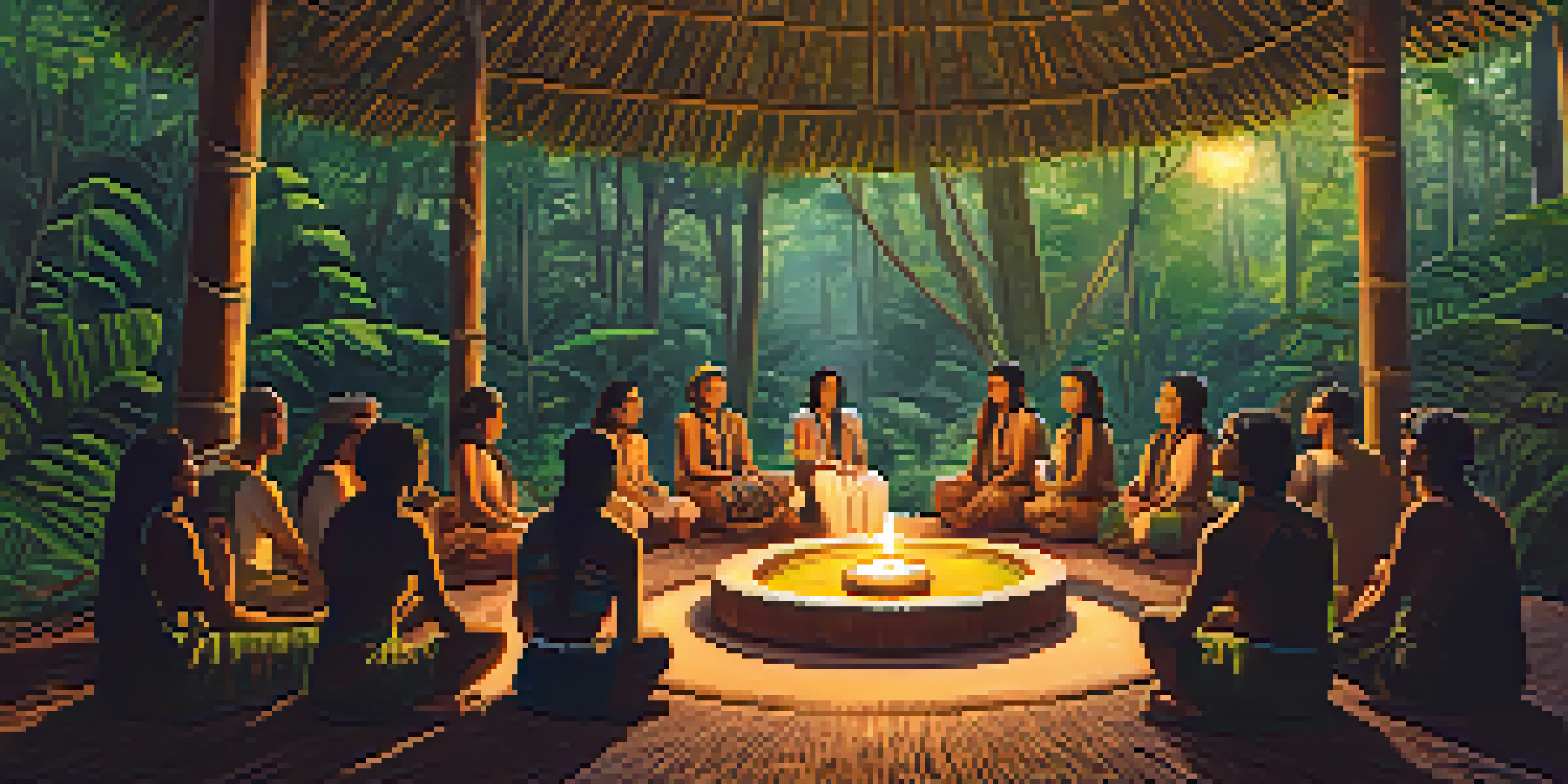 A tranquil ayahuasca ceremony in the Amazon rainforest, with participants seated in a circle under green trees and a shaman guiding the session.