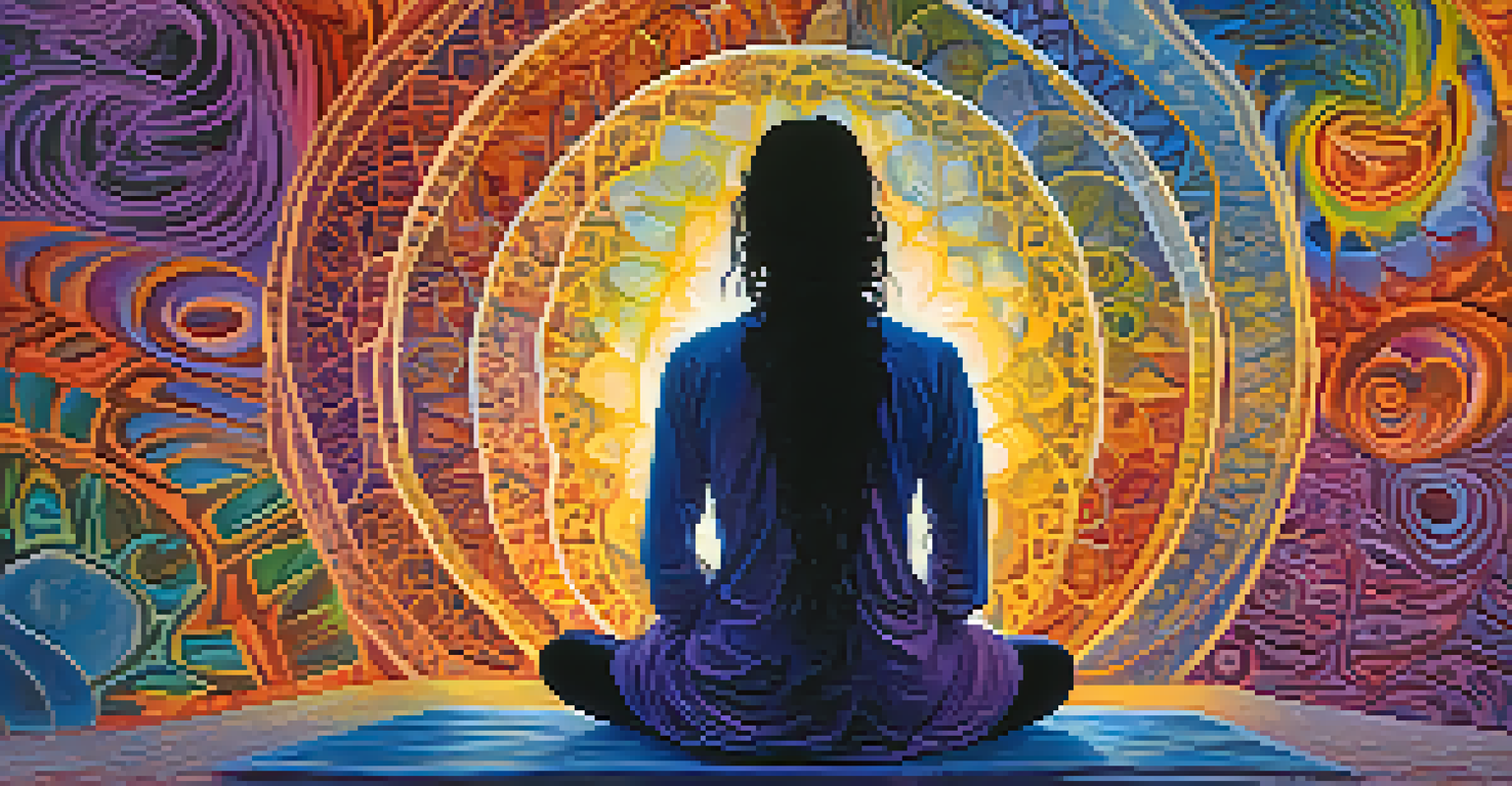 An abstract depiction of a person's inner journey with swirling colors and a silhouette in a meditative pose.