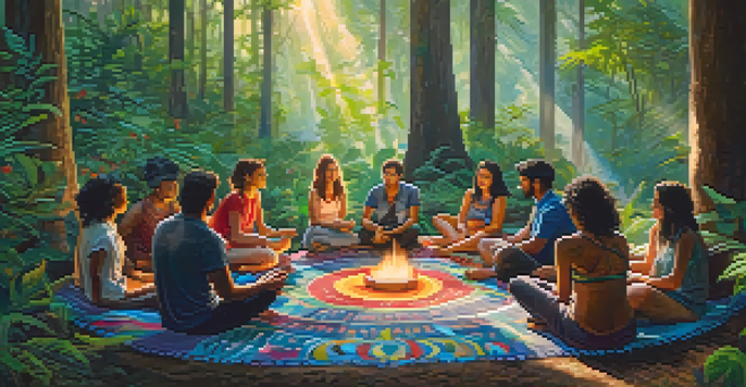 A peaceful gathering in a forest where diverse individuals sit in a circle on cushions, engaged in sharing their experiences in a supportive environment.
