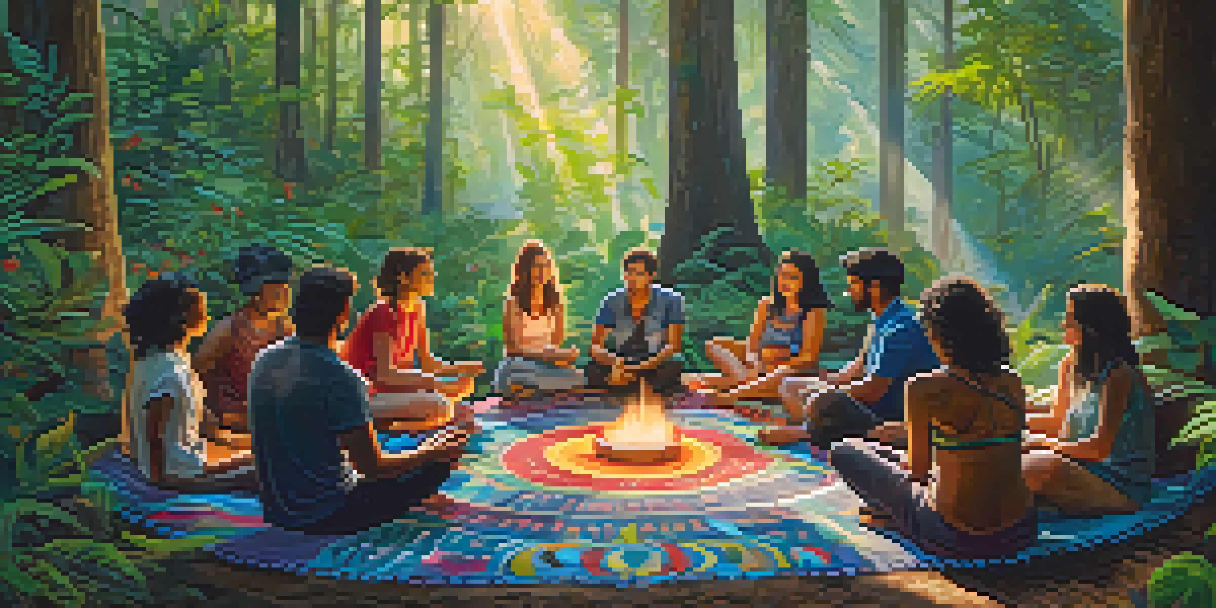A peaceful gathering in a forest where diverse individuals sit in a circle on cushions, engaged in sharing their experiences in a supportive environment.