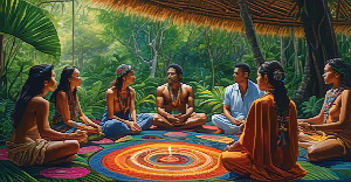 Participants sitting in a circle on colorful mats in a lush tropical setting, with a shaman preparing sacred elements at the center.