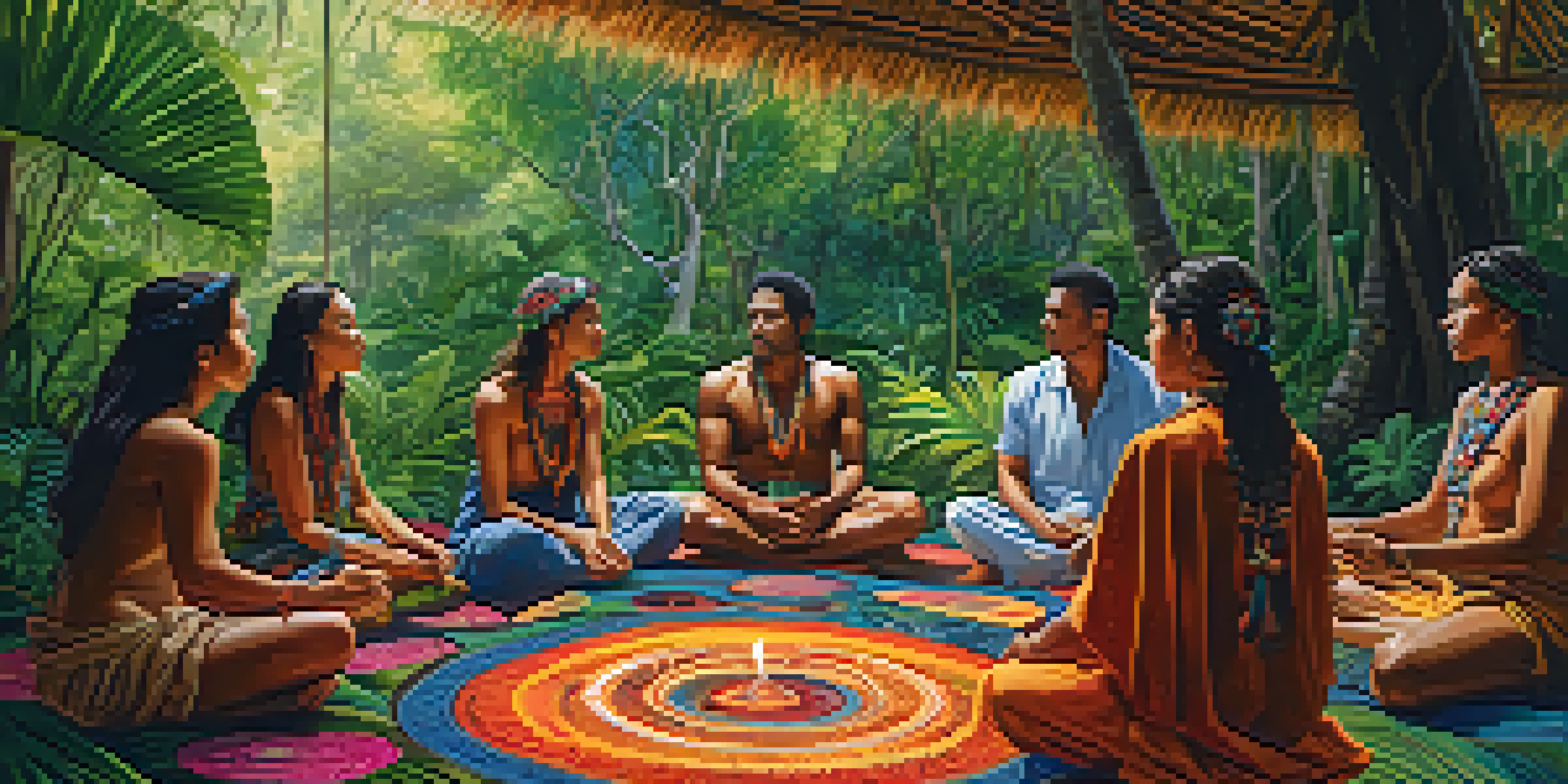 Participants sitting in a circle on colorful mats in a lush tropical setting, with a shaman preparing sacred elements at the center.