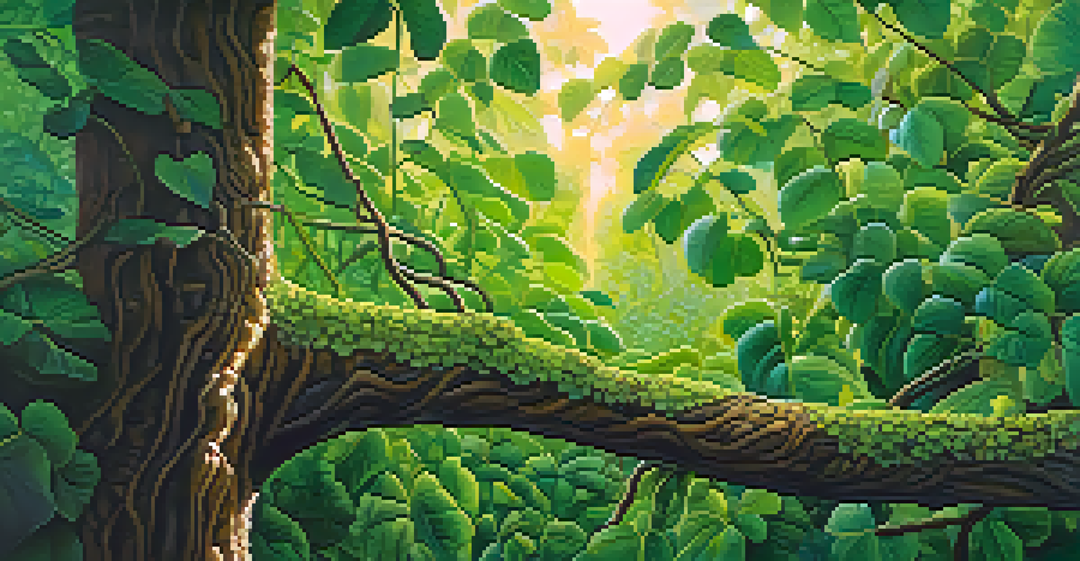 A close-up of the Banisteriopsis caapi vine in the Amazon rainforest, with sunlight filtering through the leaves, showcasing its textured bark.