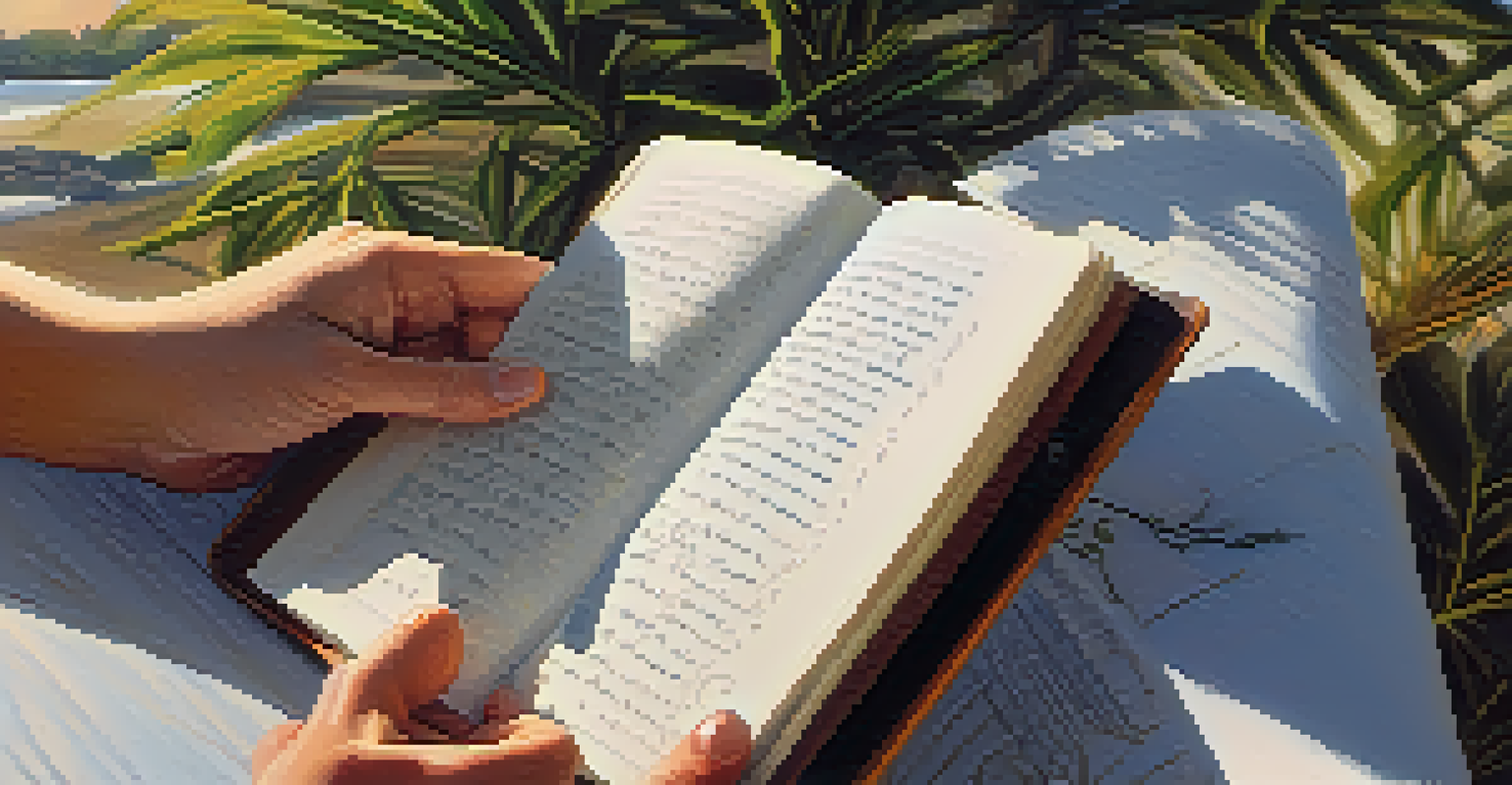 A close-up of hands holding a journal with handwritten notes, surrounded by nature.