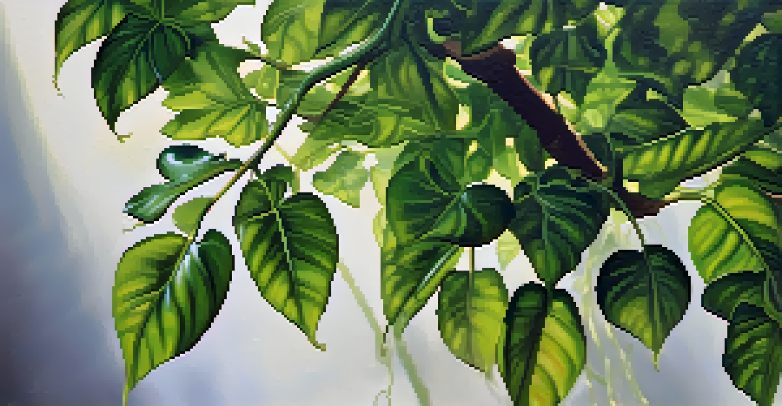 A detailed close-up of the Banisteriopsis caapi vine with textured bark and green leaves, highlighted by natural light.