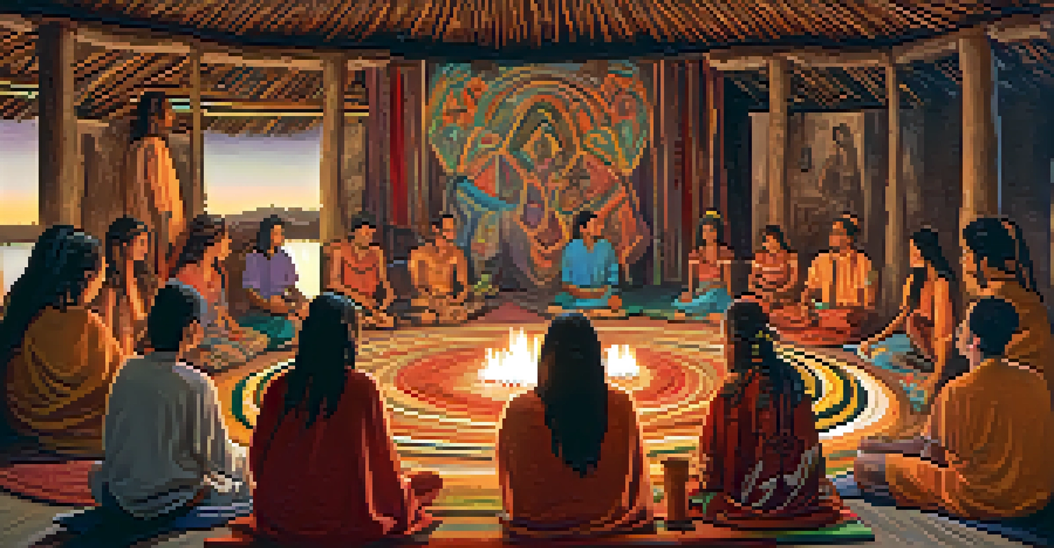 Participants in a group Ayahuasca ceremony, sitting in a circle with candles and expressing various emotions.
