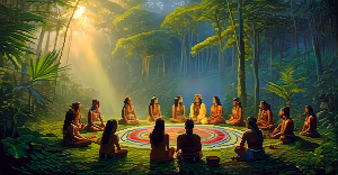 A tranquil forest scene depicting an Ayahuasca ceremony with a shaman and participants, surrounded by lush greenery and mist.