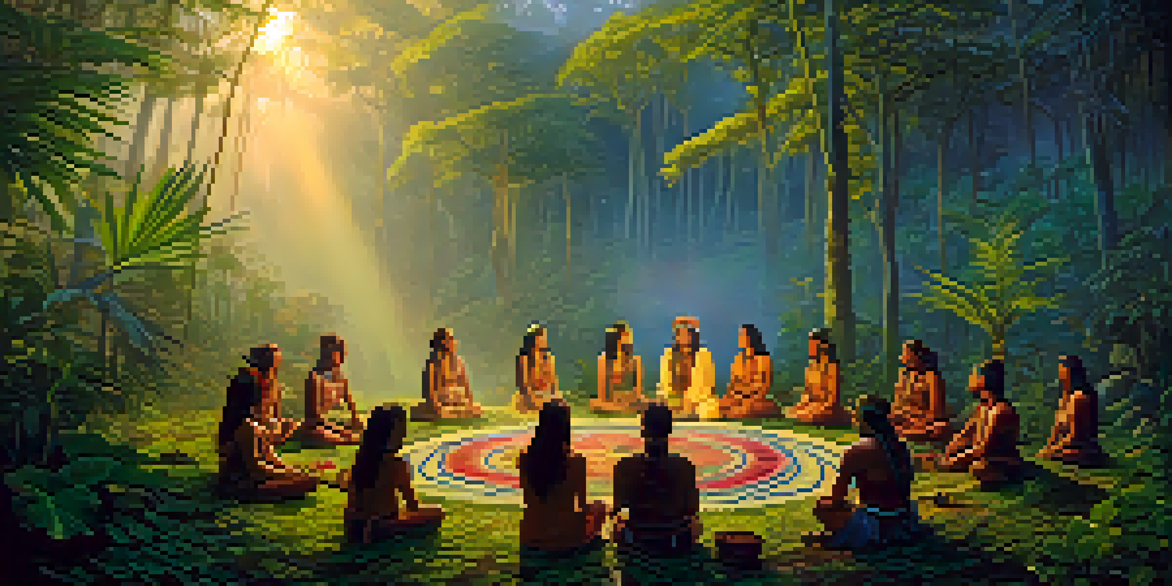 A tranquil forest scene depicting an Ayahuasca ceremony with a shaman and participants, surrounded by lush greenery and mist.