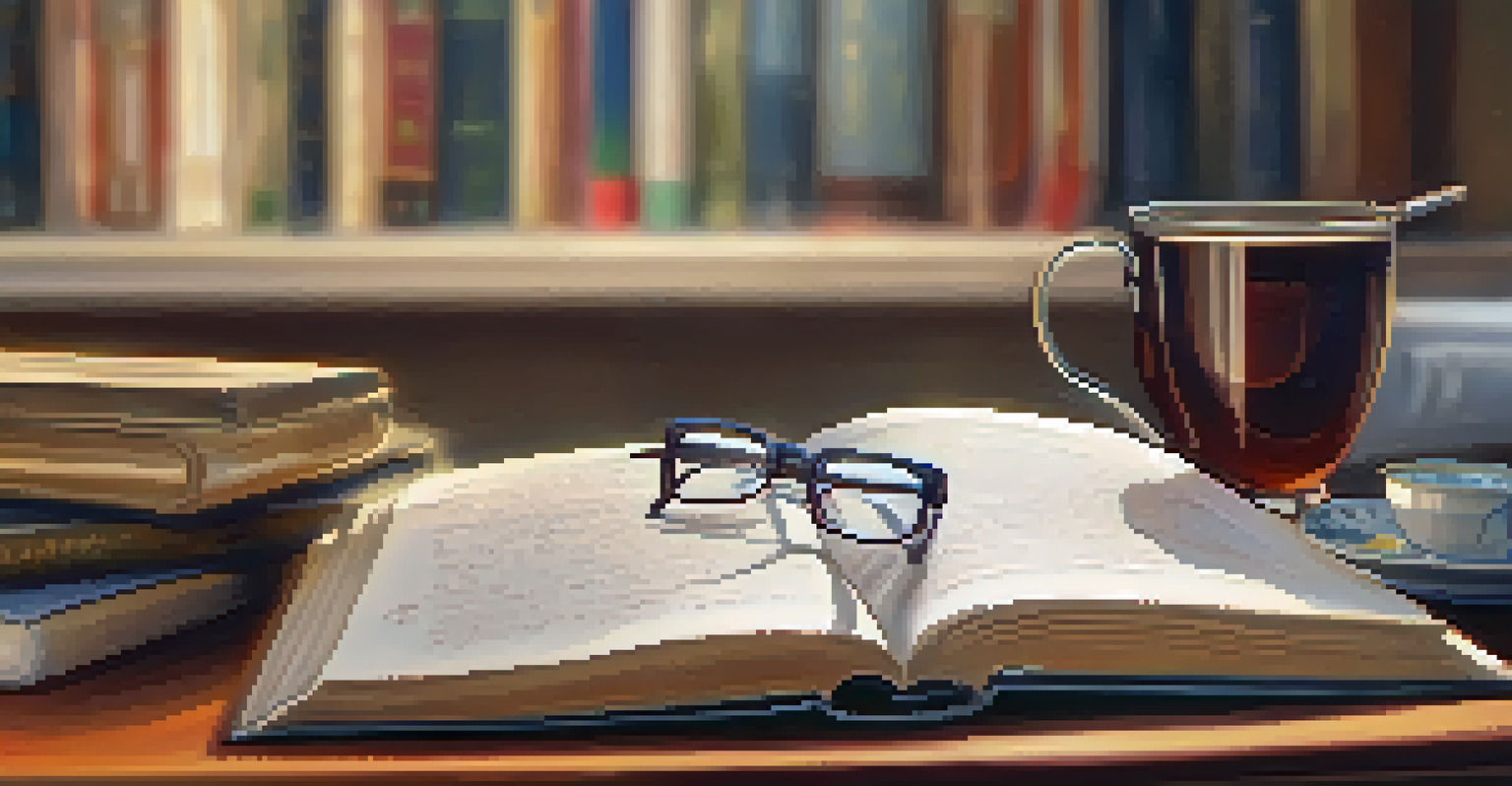 An open journal with handwritten notes, a cup of tea, and reading glasses in a cozy setting.