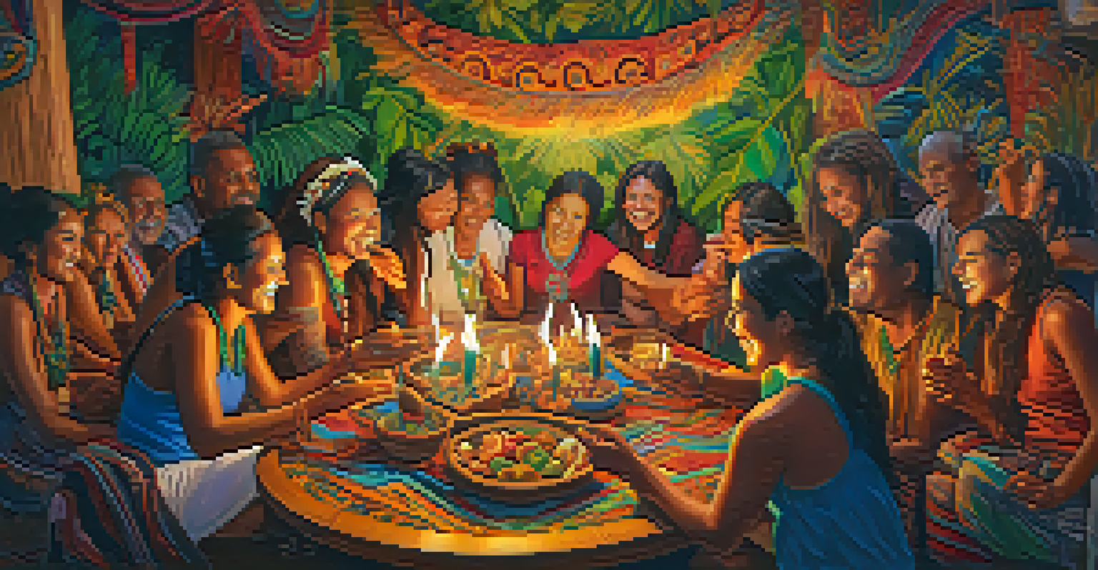 Participants from different cultures engaging in a lively cultural exchange during an Ayahuasca gathering, surrounded by colorful decorations and traditional artifacts, conveying joy and connection.