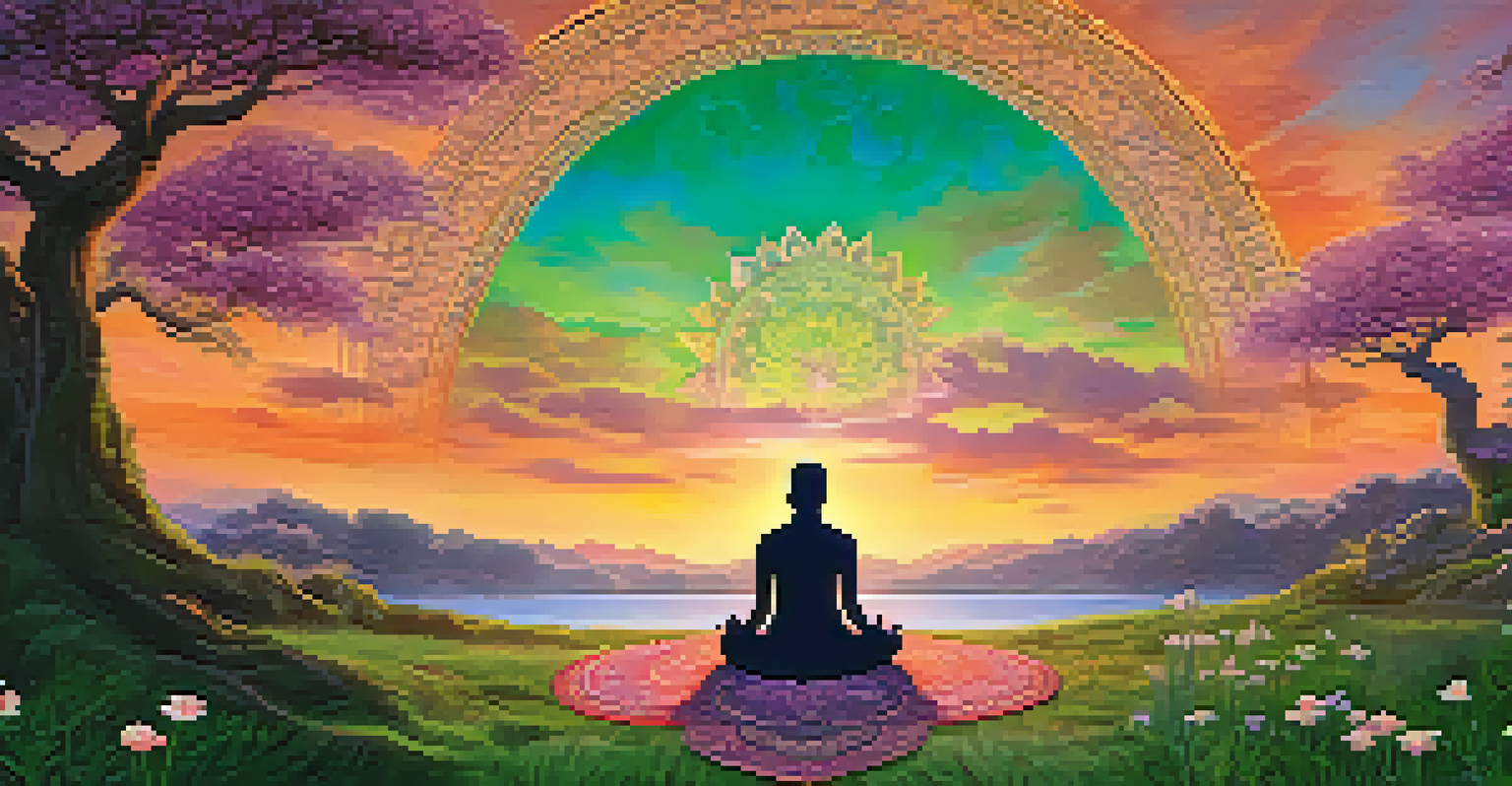 A sunset landscape with a floral mandala and participants meditating in the background.
