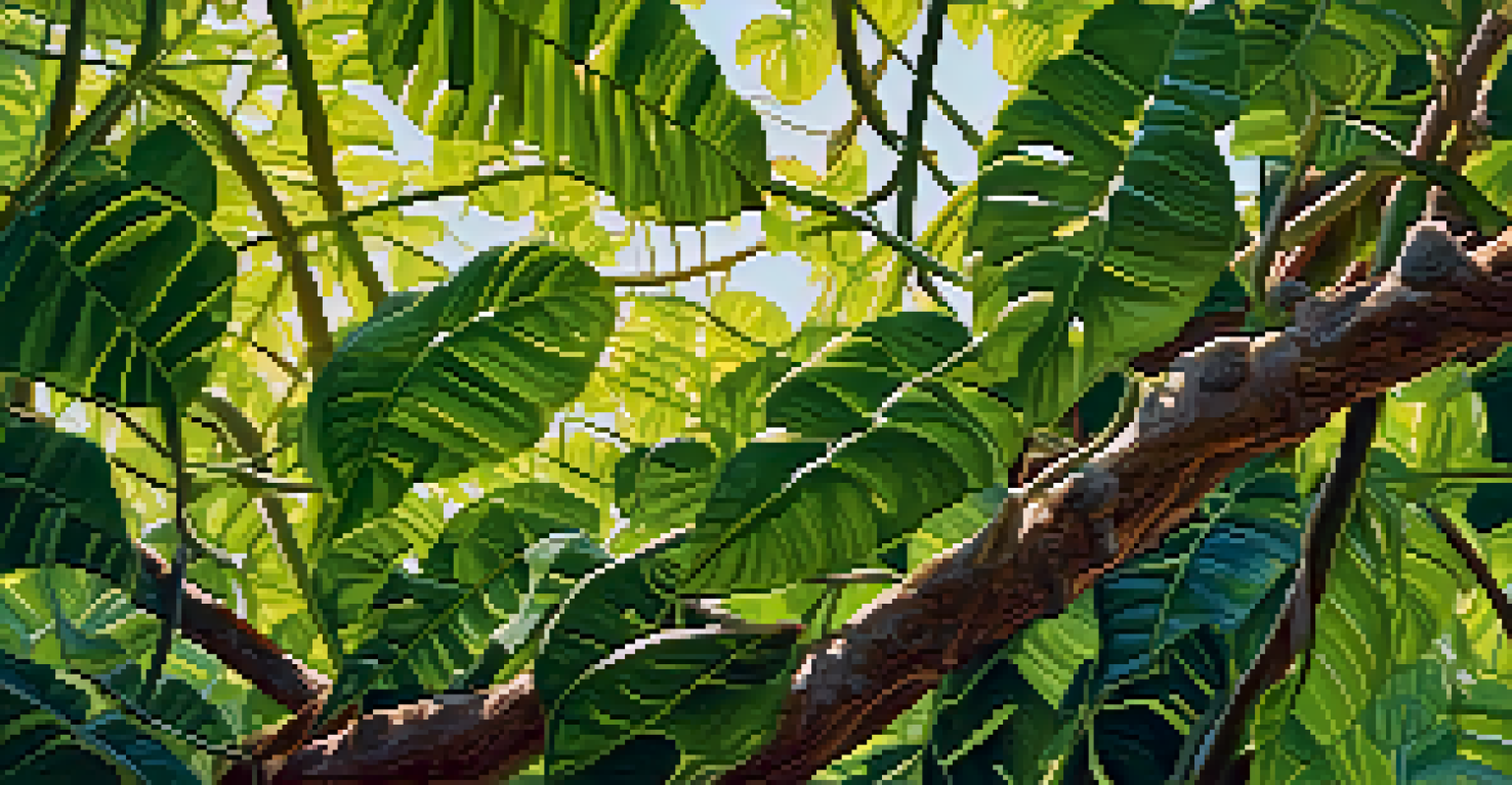 A close-up of Banisteriopsis caapi vine in a jungle, showcasing its texture and surrounding greenery.