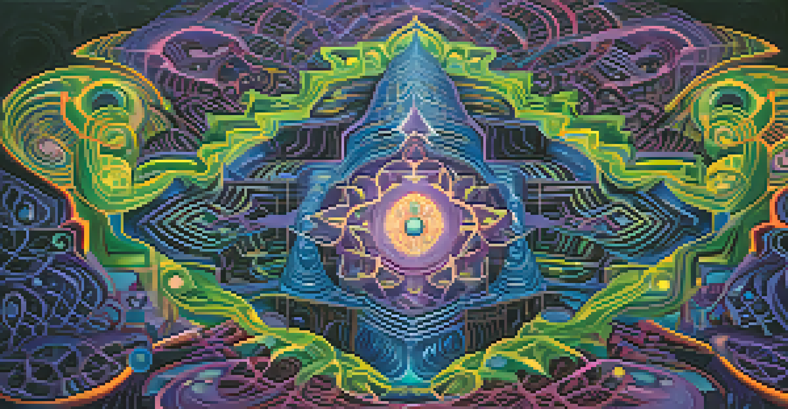 An abstract representation of ayahuasca visions with vibrant colors and geometric patterns.