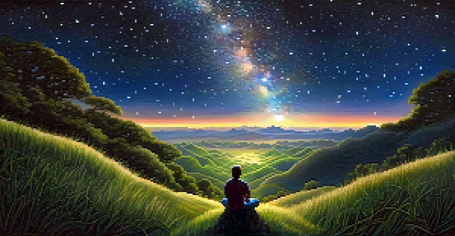 A person meditating on a hill under a starry sky, symbolizing self-discovery and connection with nature.