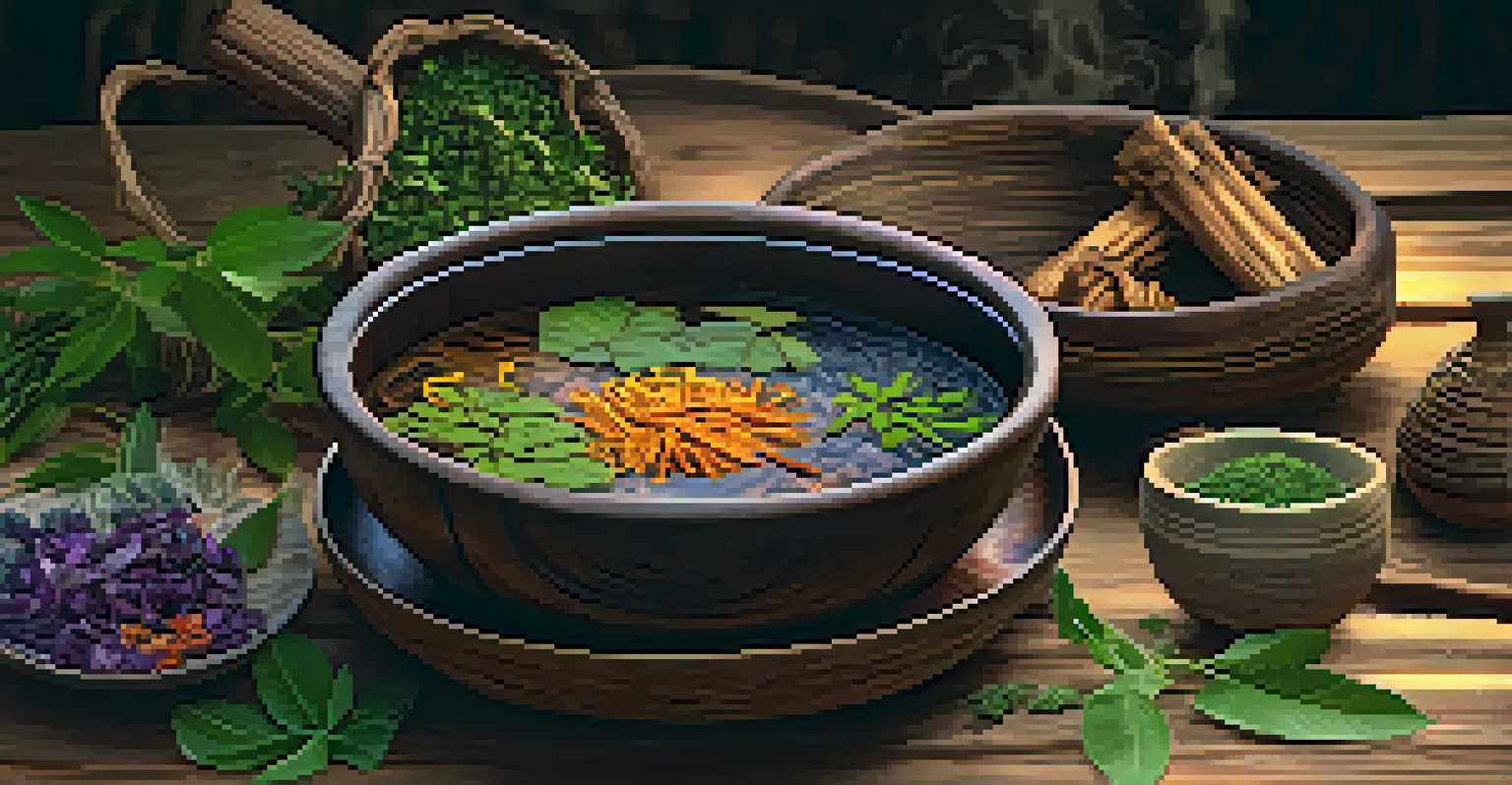 A close-up of ayahuasca brew in a ceramic bowl on a wooden table, surrounded by herbs and a woven basket, with steam rising from the brew.