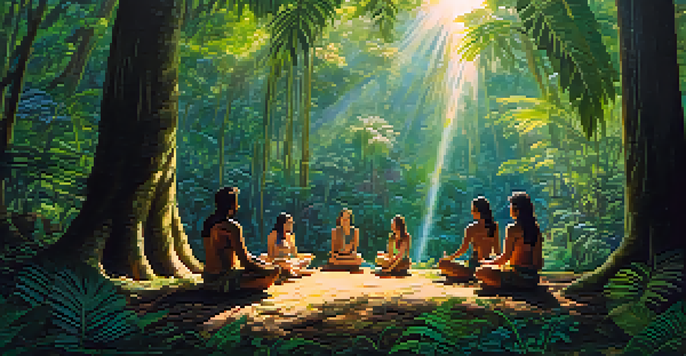 Participants engaged in a peaceful Ayahuasca ceremony in the Amazon rainforest, surrounded by lush greenery and soft sunlight.