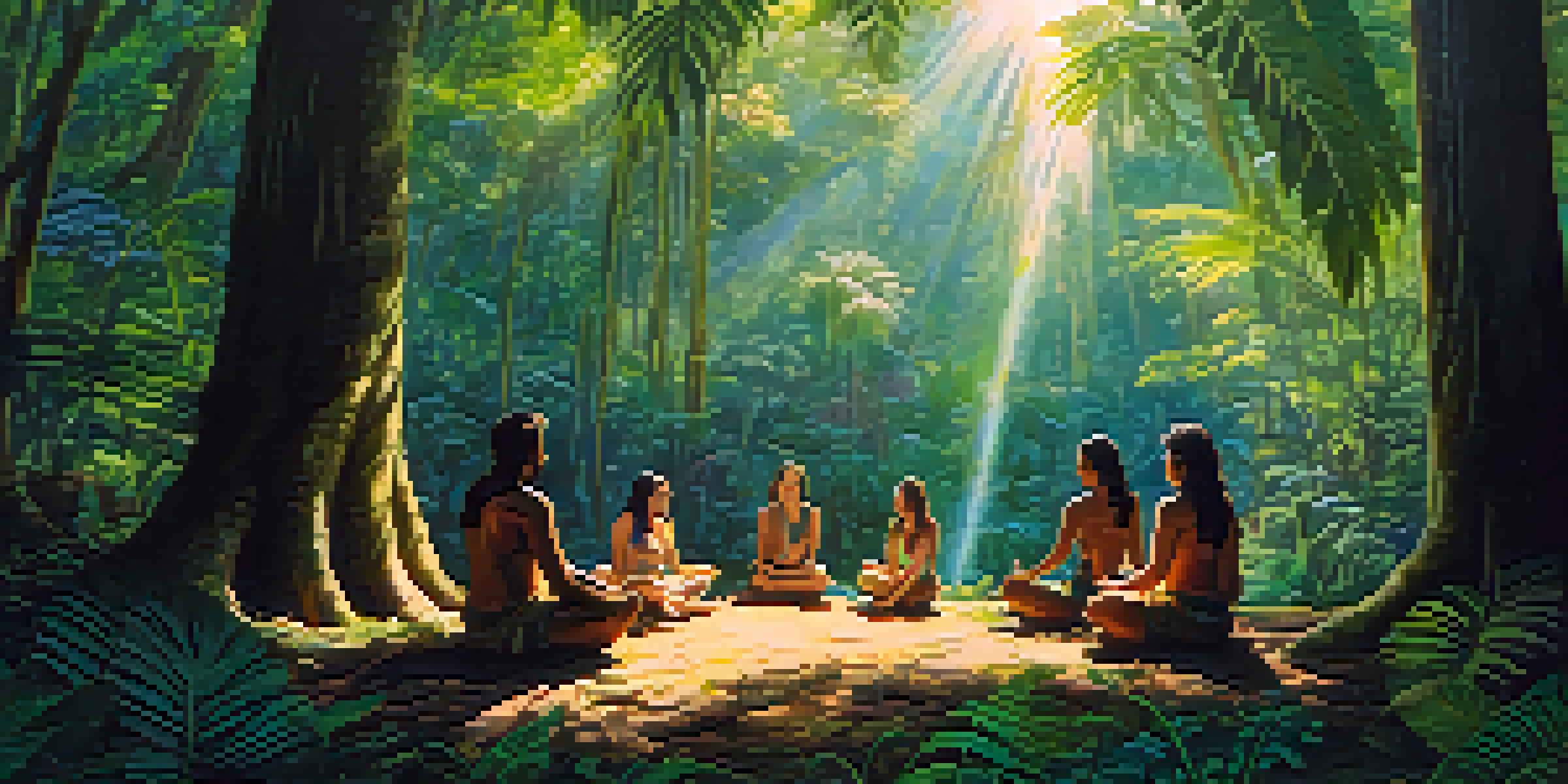 Participants engaged in a peaceful Ayahuasca ceremony in the Amazon rainforest, surrounded by lush greenery and soft sunlight.