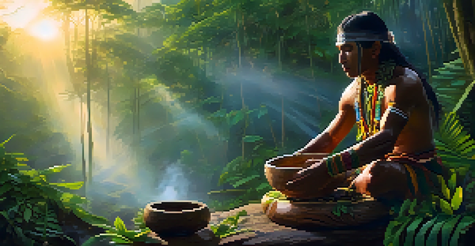 A shaman prepares Ayahuasca brew in a lush Amazon rainforest at sunrise, with mist and soft golden light filtering through the trees.