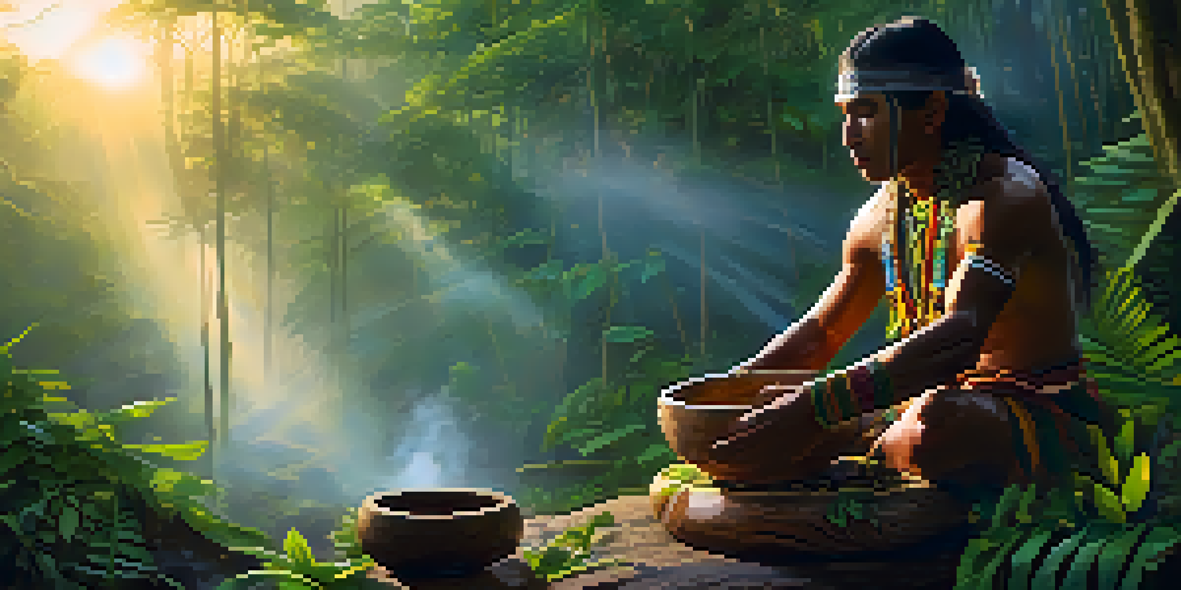 A shaman prepares Ayahuasca brew in a lush Amazon rainforest at sunrise, with mist and soft golden light filtering through the trees.