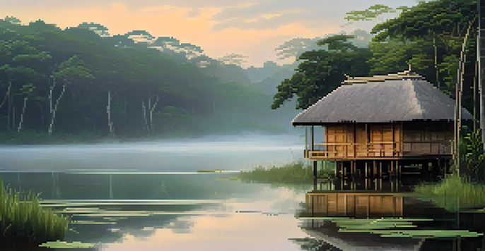 A tranquil Amazon rainforest scene at sunrise, featuring mist, a river, and a small ceremonial hut with indigenous carvings.