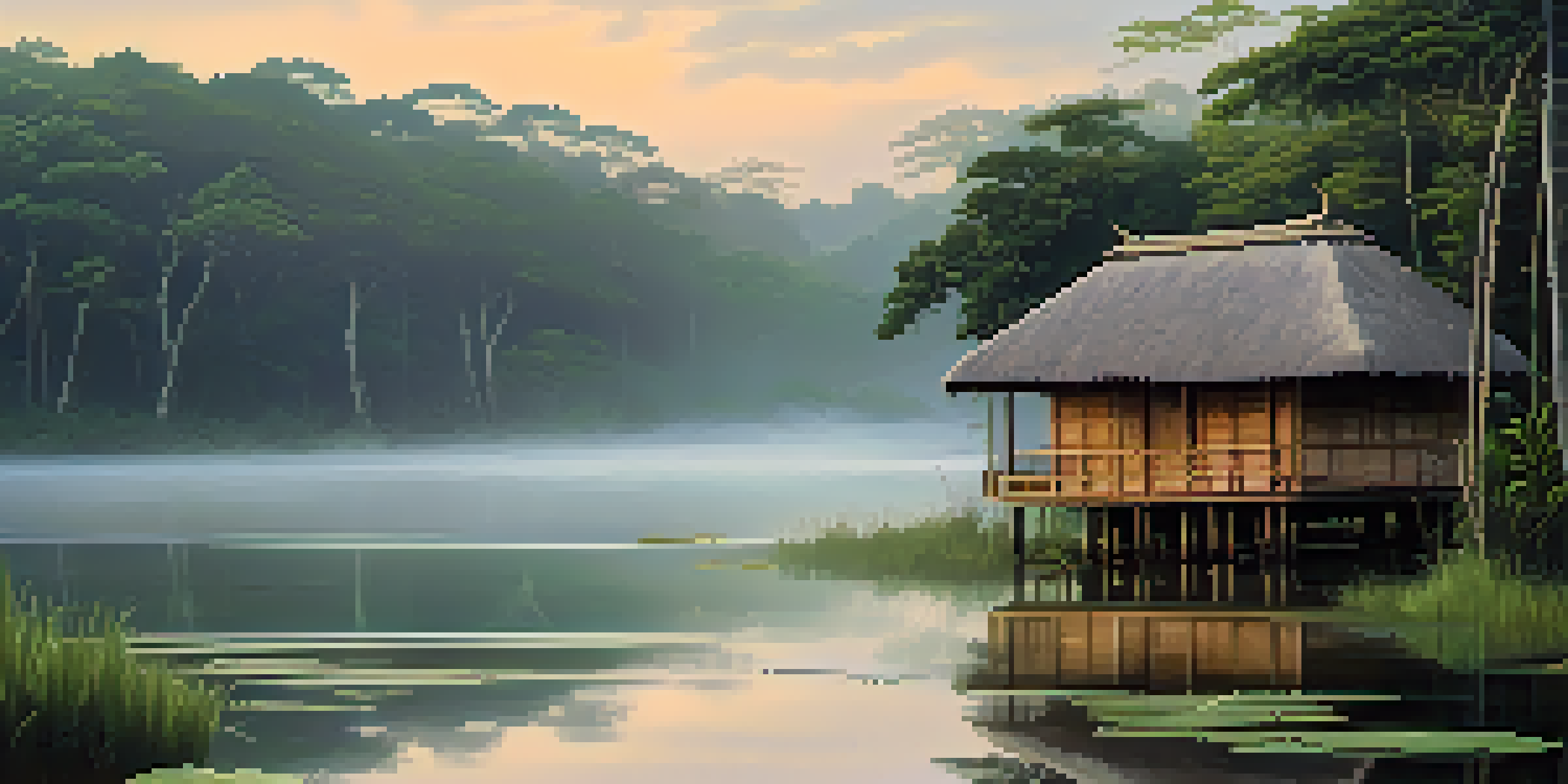 A tranquil Amazon rainforest scene at sunrise, featuring mist, a river, and a small ceremonial hut with indigenous carvings.