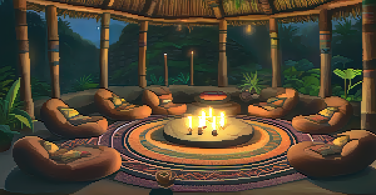 A warm and inviting ceremonial space for an Ayahuasca ceremony, designed for comfort and connection.