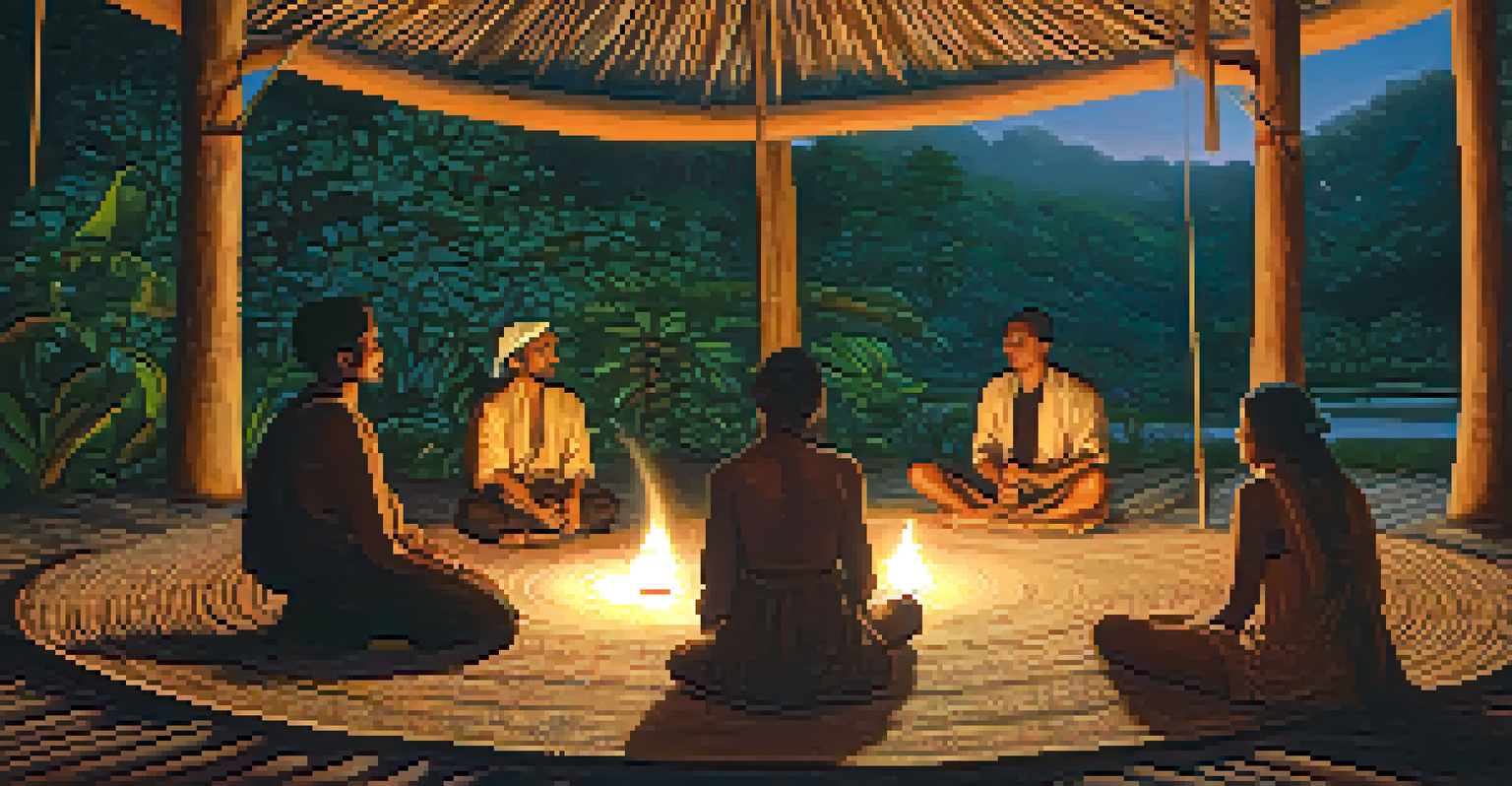 An Ayahuasca ceremony with participants seated in a circle under stars. Soft lantern light illuminates their thoughtful expressions.
