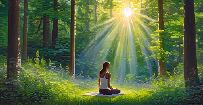 A peaceful forest scene featuring a person practicing breathwork in a clearing, surrounded by flowers and soft sunlight.