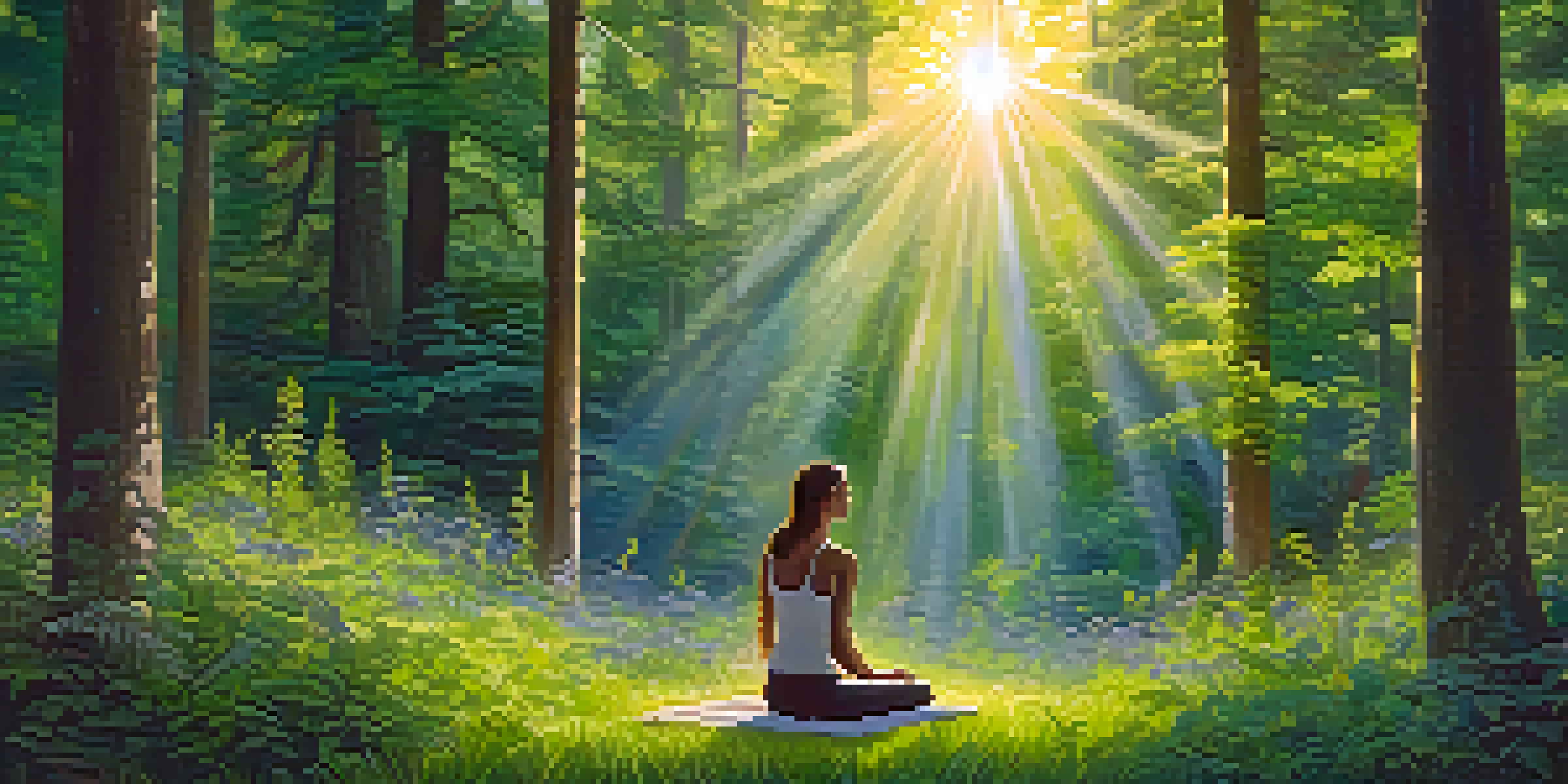 A peaceful forest scene featuring a person practicing breathwork in a clearing, surrounded by flowers and soft sunlight.