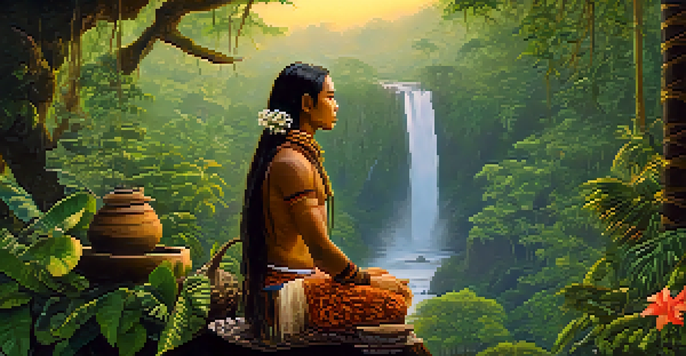 A peaceful Amazon rainforest scene with a shaman and Ayahuasca preparation, illuminated by soft golden light.