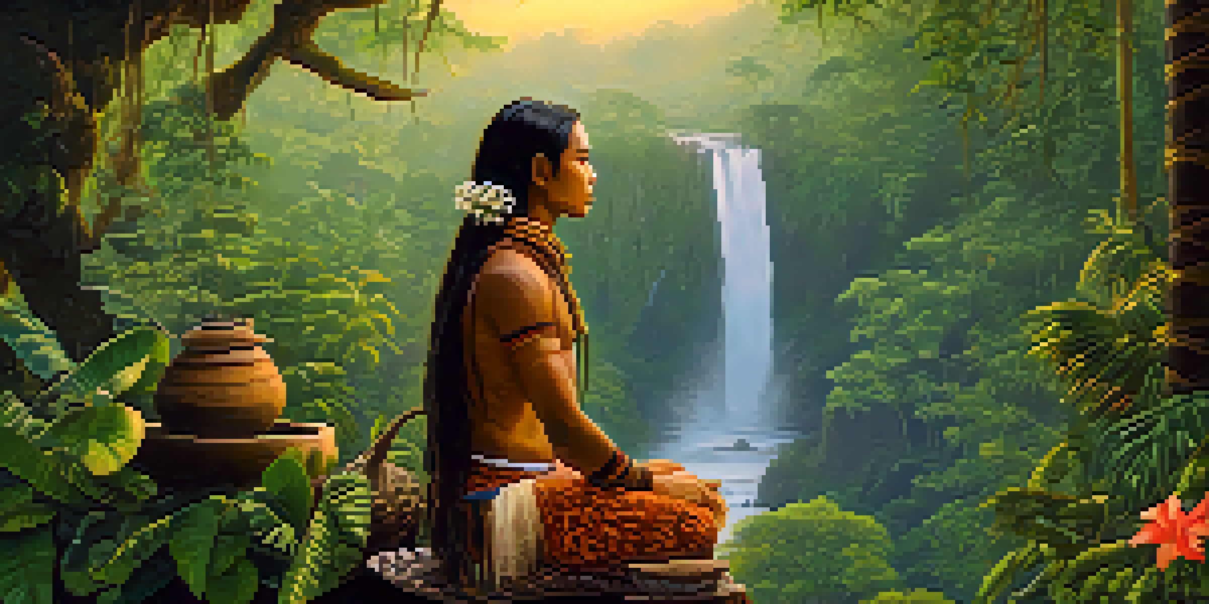 A peaceful Amazon rainforest scene with a shaman and Ayahuasca preparation, illuminated by soft golden light.
