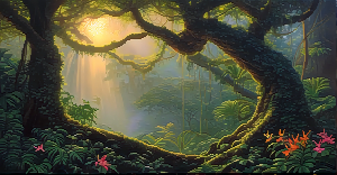 A tranquil forest in the Amazon with a vine wrapped around a tree, illuminated by soft golden light.