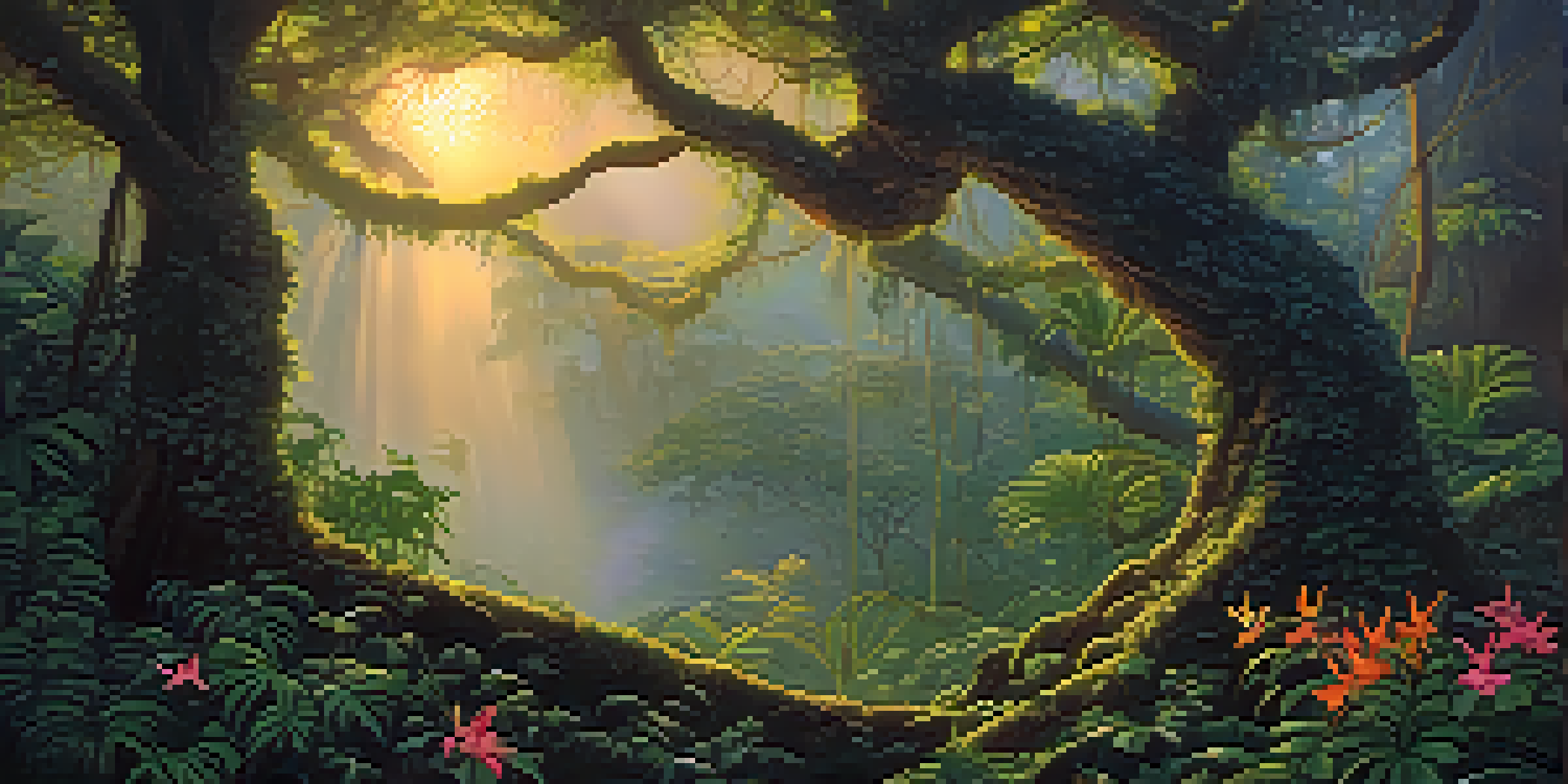 A tranquil forest in the Amazon with a vine wrapped around a tree, illuminated by soft golden light.