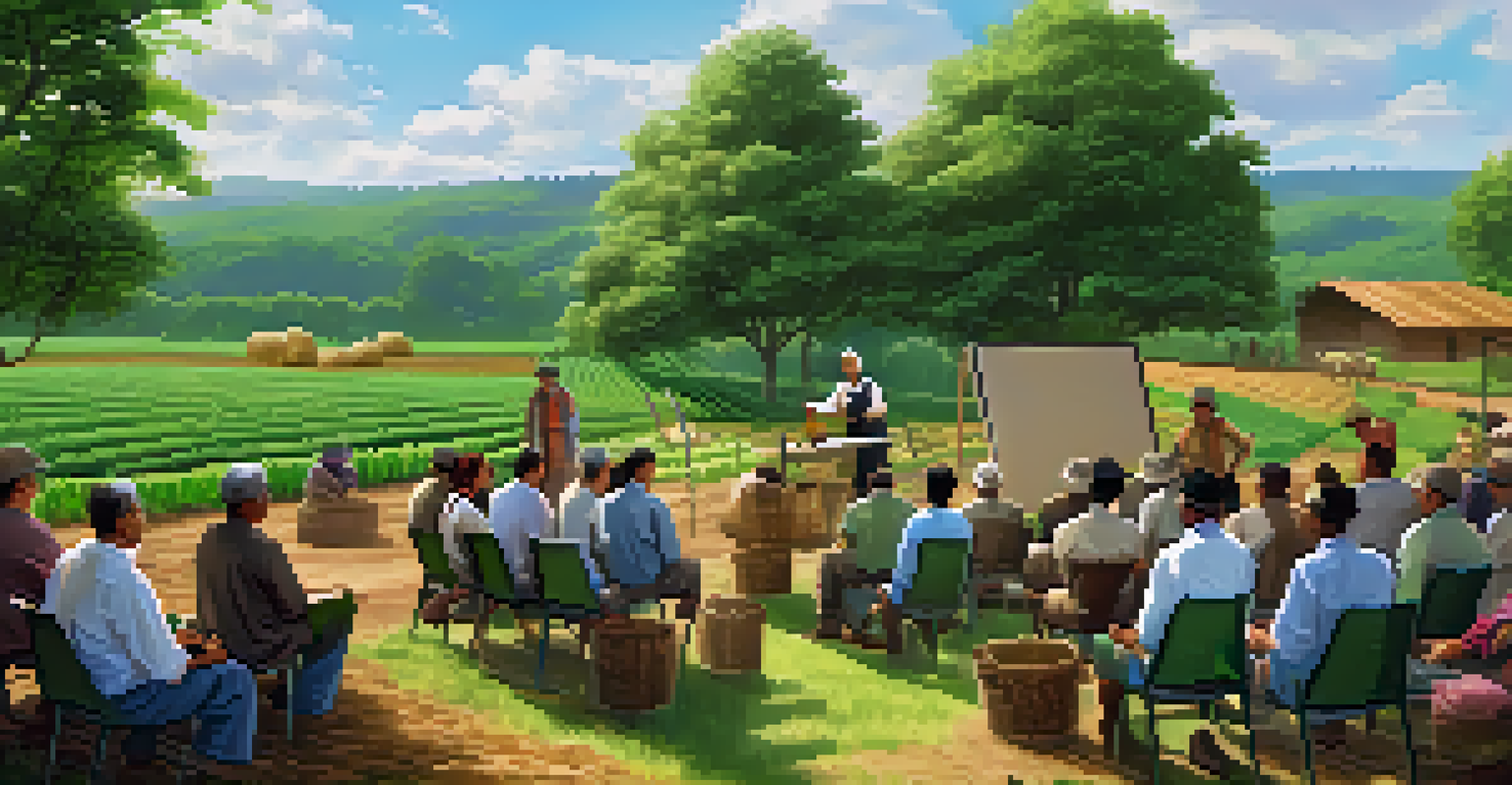 An outdoor educational session with a speaker demonstrating sustainable farming techniques to local farmers, surrounded by lush greenery and organic tools.