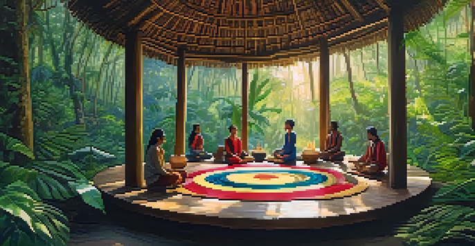 A tranquil scene of an Ayahuasca retreat in the Amazon rainforest, with participants meditating in a natural ceremonial space surrounded by greenery.