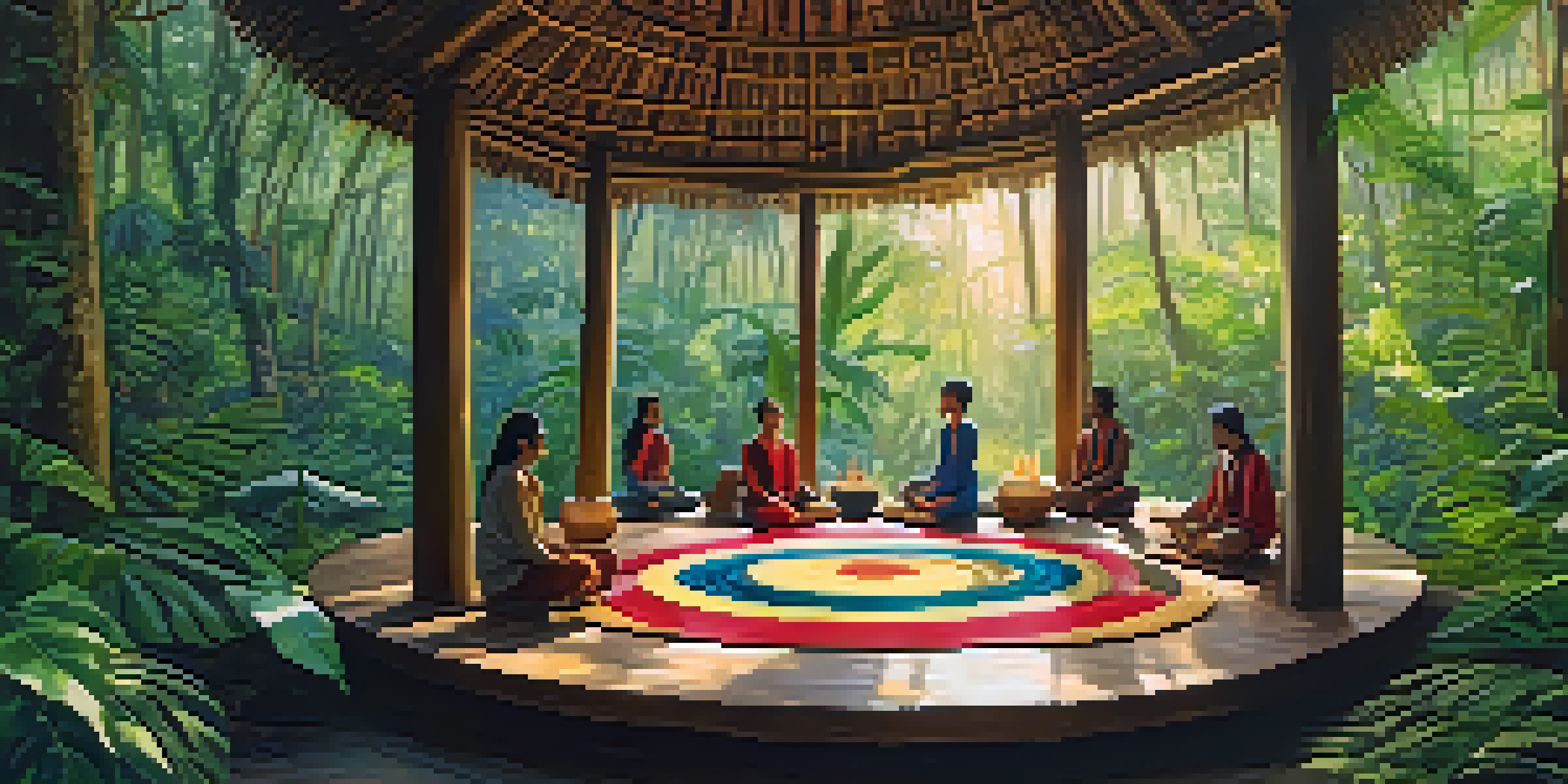 A tranquil scene of an Ayahuasca retreat in the Amazon rainforest, with participants meditating in a natural ceremonial space surrounded by greenery.