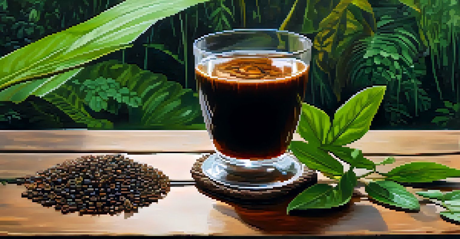 A glass of Ayahuasca brew on a wooden table, surrounded by Amazonian plants, showcasing the brew's deep brown color.