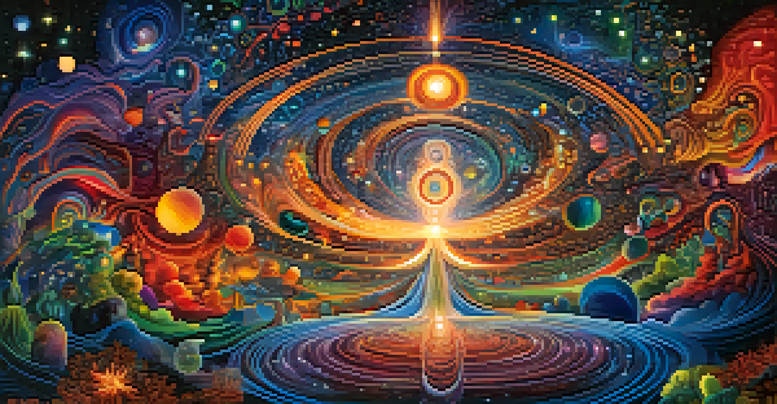 An abstract visualization of the mind during an ayahuasca experience, with vibrant colors and cosmic elements representing emotional insights.