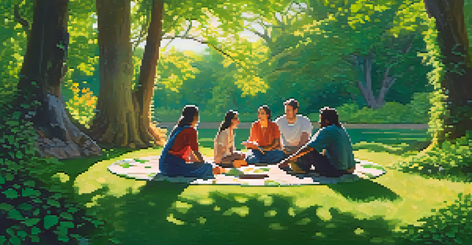 A peaceful gathering in a forest where people are sitting in a circle, talking and sharing experiences, surrounded by greenery.