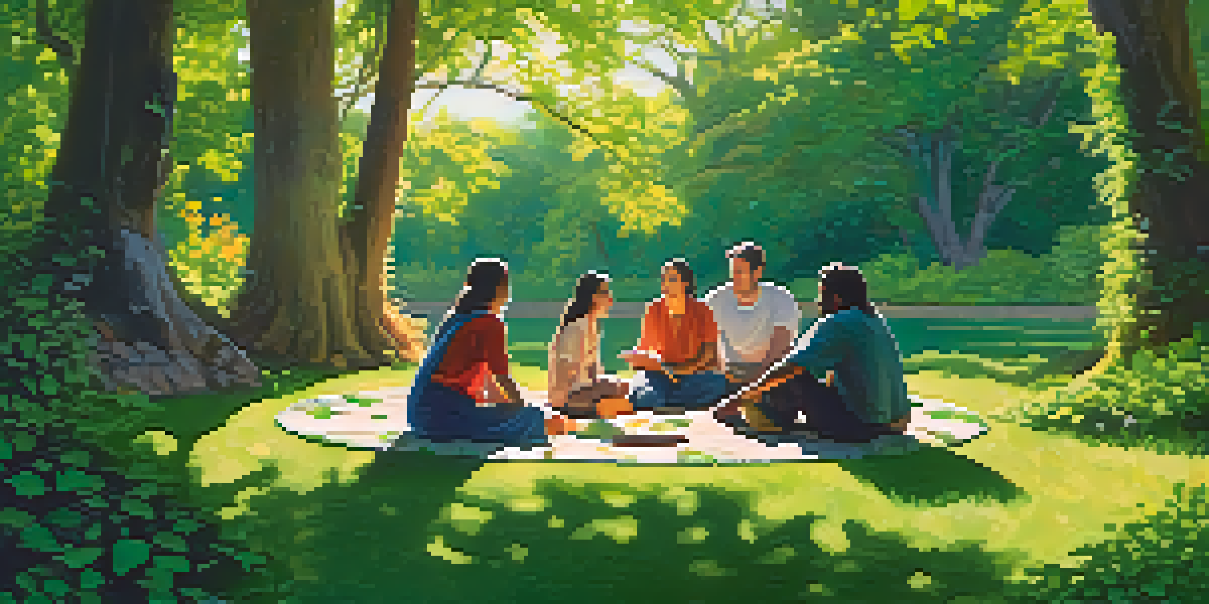 A peaceful gathering in a forest where people are sitting in a circle, talking and sharing experiences, surrounded by greenery.
