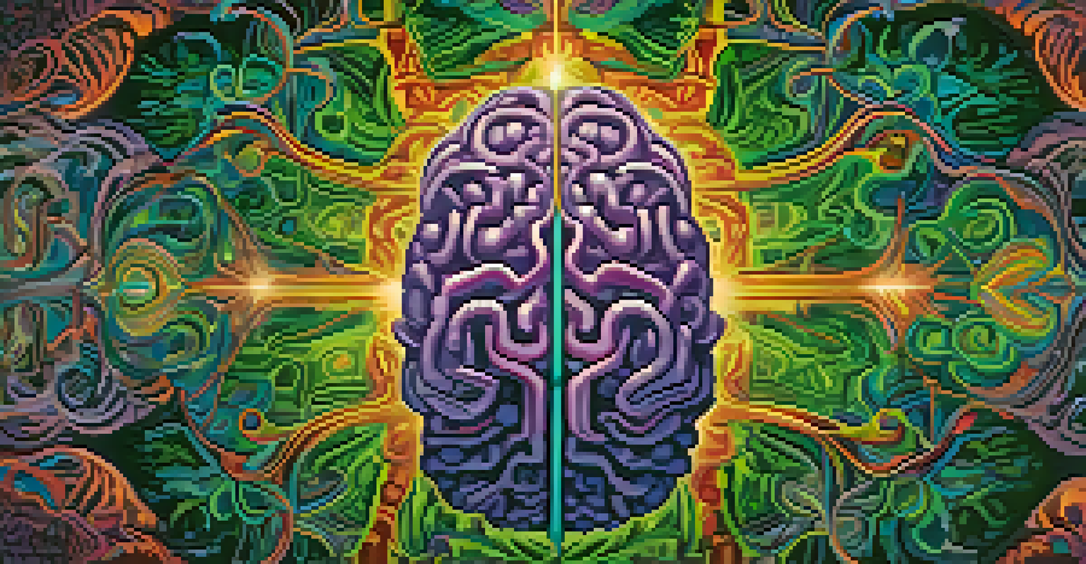 An artistic image of a brain with colorful patterns, symbolizing the mental health effects of Ayahuasca.